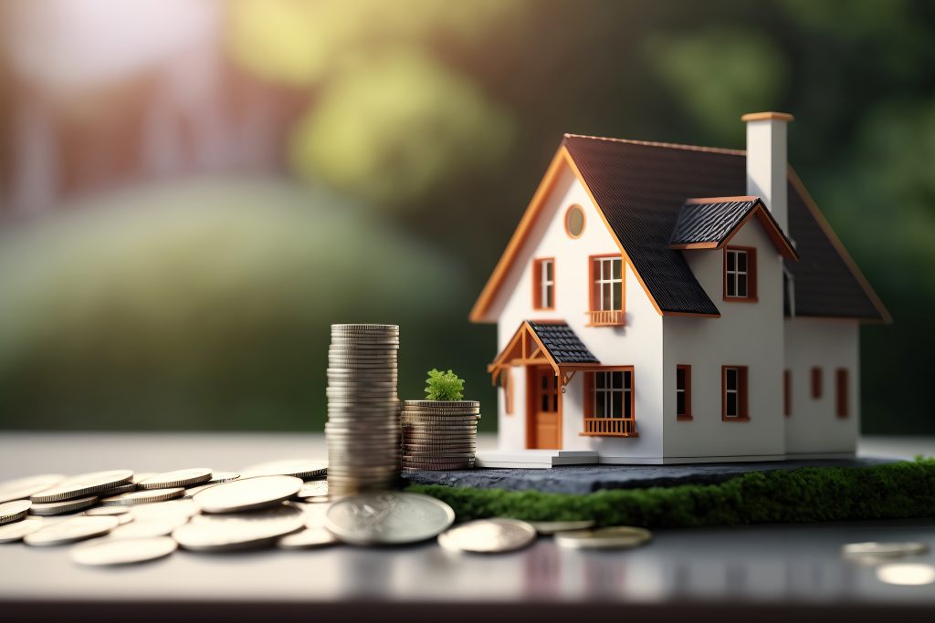 ai generated illustration Small model house with coins, buy and sell house